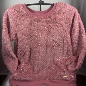 Tahari Girl Blush Pink Faux Fur Pullover Gold Foil Cozy Sweatshirt Size 8